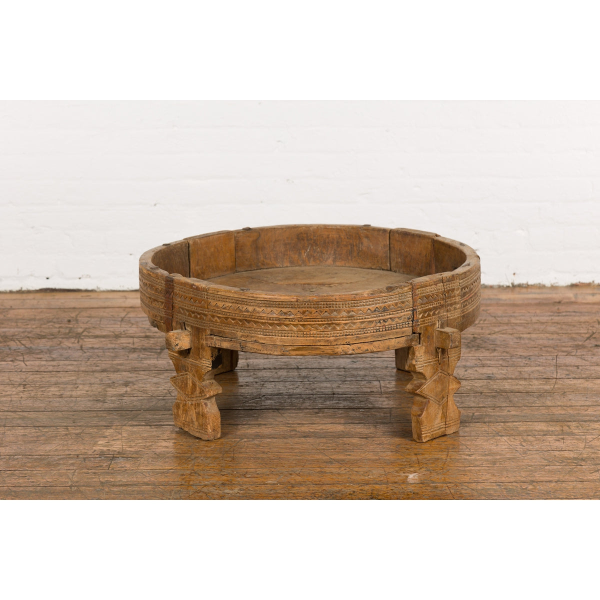 Tribal Indian 1920s Teak Chakki Grinding Table with Geometric Carved Motifs-2. Asian & Chinese Furniture, Art, Antiques, Vintage Home Décor for sale at FEA Home