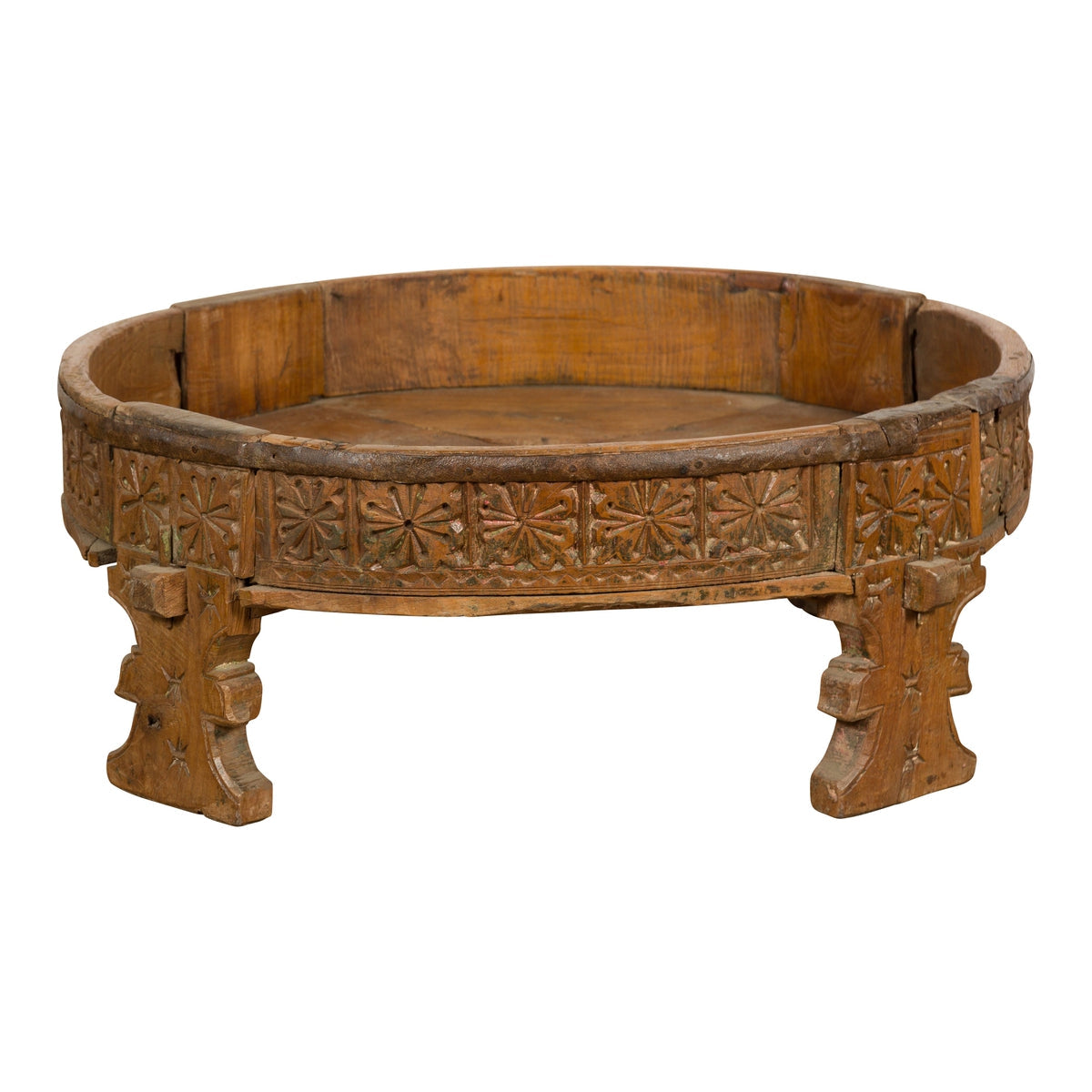 Indian Tribal 1920s Teak Chakki Grinding Table with Geometric Hand-Carved Motifs-1. Asian &amp; Chinese Furniture, Art, Antiques, Vintage Home Décor for sale at FEA Home