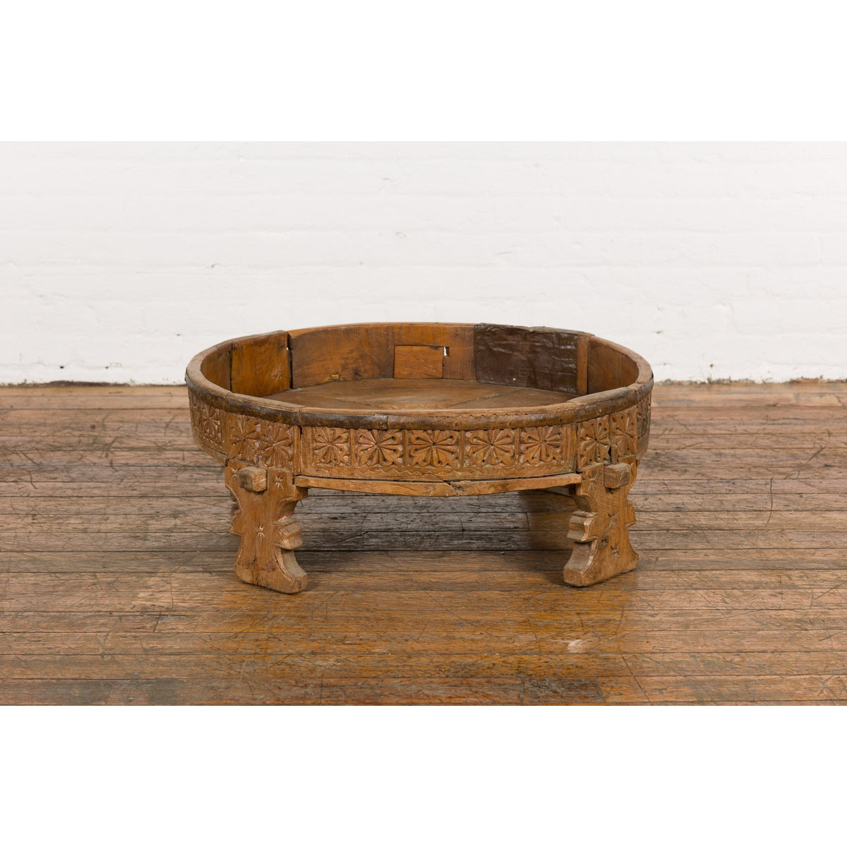 Indian Tribal 1920s Teak Chakki Grinding Table with Geometric Hand-Carved Motifs-2. Asian & Chinese Furniture, Art, Antiques, Vintage Home Décor for sale at FEA Home