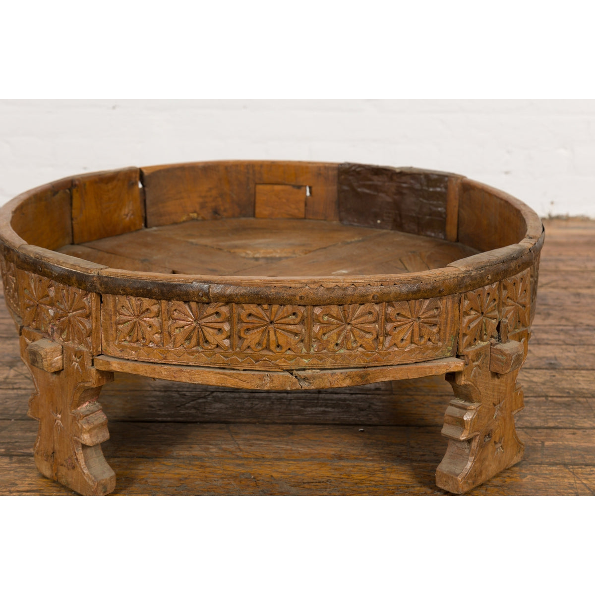Indian Tribal 1920s Teak Chakki Grinding Table with Geometric Hand-Carved Motifs-6. Asian &amp; Chinese Furniture, Art, Antiques, Vintage Home Décor for sale at FEA Home