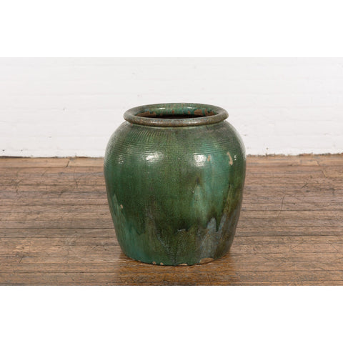 Large Chinese Vintage Green Glazed Ceramic Planter with Striated Décor-YN7750-12. Asian & Chinese Furniture, Art, Antiques, Vintage Home Décor for sale at FEA Home