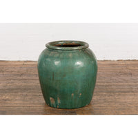 Large Chinese Vintage Green Glazed Ceramic Planter with Striated Décor