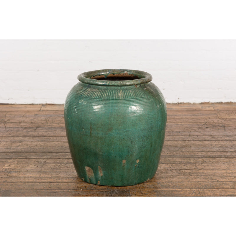 Large Chinese Vintage Green Glazed Ceramic Planter with Striated Décor-YN7750-14. Asian & Chinese Furniture, Art, Antiques, Vintage Home Décor for sale at FEA Home