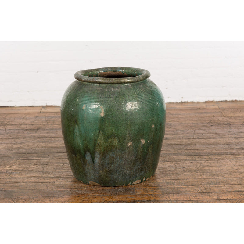 Large Chinese Vintage Green Glazed Ceramic Planter with Striated Décor-YN7750-15. Asian & Chinese Furniture, Art, Antiques, Vintage Home Décor for sale at FEA Home