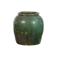 Large Chinese Vintage Green Glazed Ceramic Planter with Striated Décor