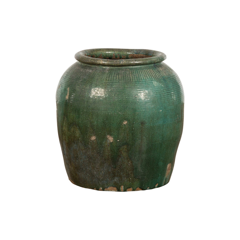 Large Chinese Vintage Green Glazed Ceramic Planter with Striated Décor-YN7750-1. Asian & Chinese Furniture, Art, Antiques, Vintage Home Décor for sale at FEA Home