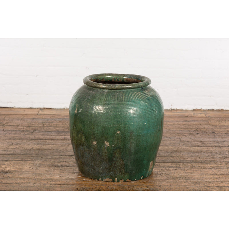 Large Chinese Vintage Green Glazed Ceramic Planter with Striated Décor-YN7750-2. Asian & Chinese Furniture, Art, Antiques, Vintage Home Décor for sale at FEA Home