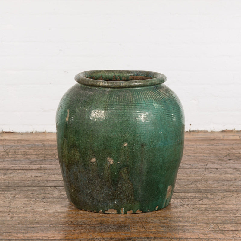 Large Chinese Vintage Green Glazed Ceramic Planter with Striated Décor-YN7750-4. Asian & Chinese Furniture, Art, Antiques, Vintage Home Décor for sale at FEA Home