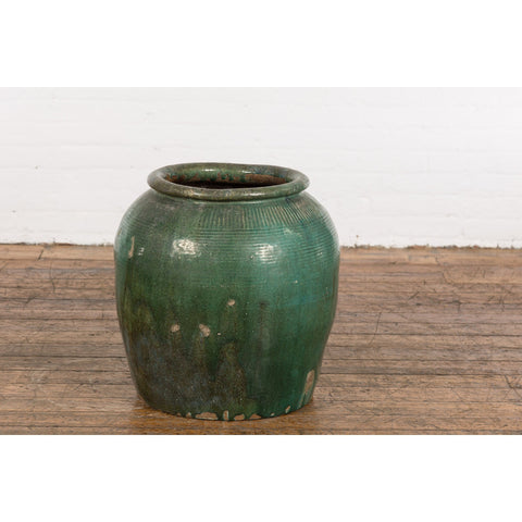 Large Chinese Vintage Green Glazed Ceramic Planter with Striated Décor-YN7750-5. Asian & Chinese Furniture, Art, Antiques, Vintage Home Décor for sale at FEA Home