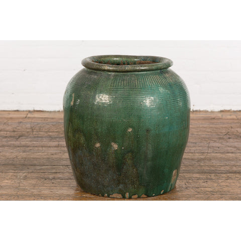Large Chinese Vintage Green Glazed Ceramic Planter with Striated Décor-YN7750-6. Asian & Chinese Furniture, Art, Antiques, Vintage Home Décor for sale at FEA Home