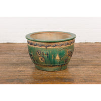 Antique Annamese Green, Blue and Ocher Planter with Dragon and Foliage Motifs