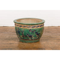 Antique Annamese Green, Blue and Ocher Planter with Dragon and Foliage Motifs
