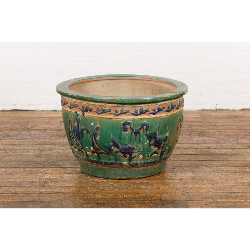 Antique Annamese Green, Blue and Ocher Planter with Dragon and Foliage Motifs-YN7768-11. Asian & Chinese Furniture, Art, Antiques, Vintage Home Décor for sale at FEA Home