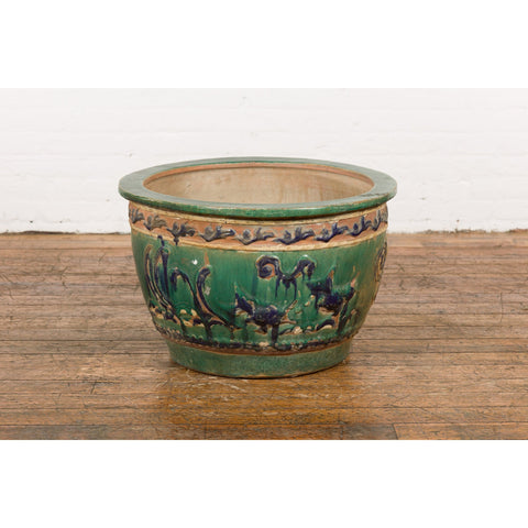 Antique Annamese Green, Blue and Ocher Planter with Dragon and Foliage Motifs-YN7768-11. Asian & Chinese Furniture, Art, Antiques, Vintage Home Décor for sale at FEA Home