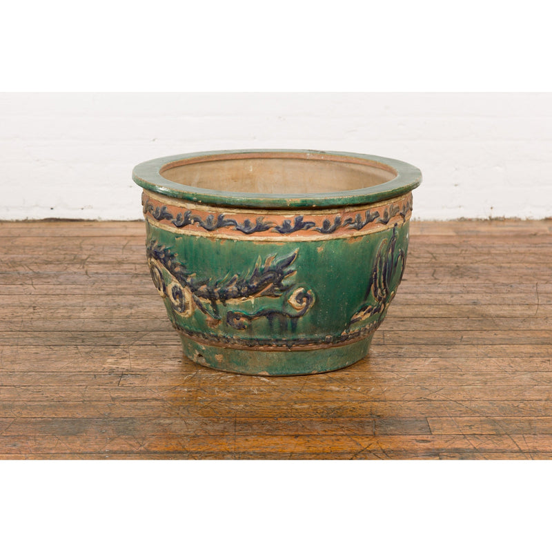 Antique Annamese Green, Blue and Ocher Planter with Dragon and Foliage Motifs-YN7768-12. Asian & Chinese Furniture, Art, Antiques, Vintage Home Décor for sale at FEA Home