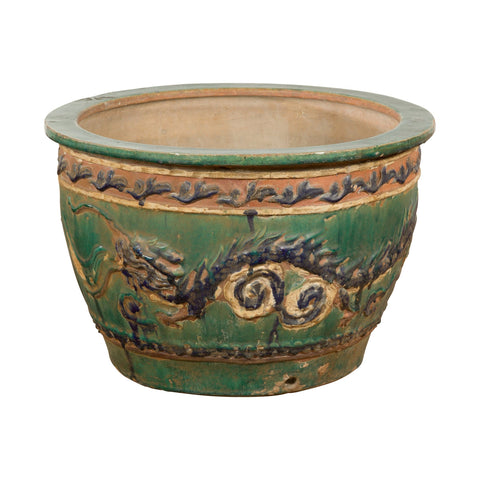 Antique Annamese Green, Blue and Ocher Planter with Dragon and Foliage Motifs-YN7768-1. Asian & Chinese Furniture, Art, Antiques, Vintage Home Décor for sale at FEA Home