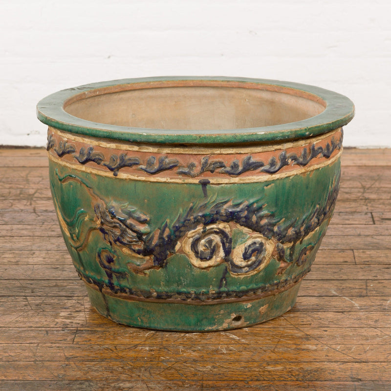 Antique Annamese Green, Blue and Ocher Planter with Dragon and Foliage Motifs-YN7768-2. Asian & Chinese Furniture, Art, Antiques, Vintage Home Décor for sale at FEA Home