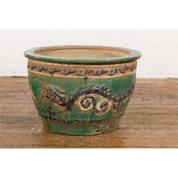 Antique Annamese Green, Blue and Ocher Planter with Dragon and Foliage Motifs