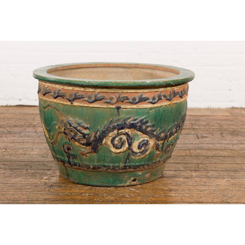 Antique Annamese Green, Blue and Ocher Planter with Dragon and Foliage Motifs-YN7768-3. Asian & Chinese Furniture, Art, Antiques, Vintage Home Décor for sale at FEA Home