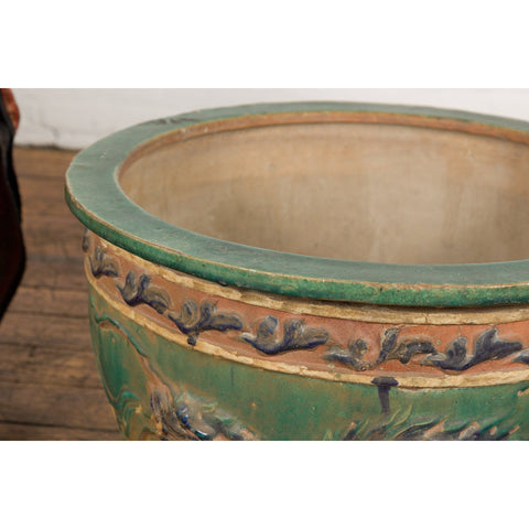Antique Annamese Green, Blue and Ocher Planter with Dragon and Foliage Motifs-YN7768-5. Asian & Chinese Furniture, Art, Antiques, Vintage Home Décor for sale at FEA Home
