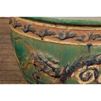 Antique Annamese Green, Blue and Ocher Planter with Dragon and Foliage Motifs