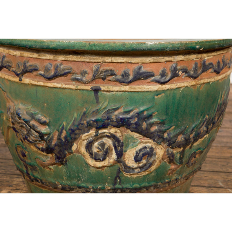 Antique Annamese Green, Blue and Ocher Planter with Dragon and Foliage Motifs-YN7768-7. Asian & Chinese Furniture, Art, Antiques, Vintage Home Décor for sale at FEA Home