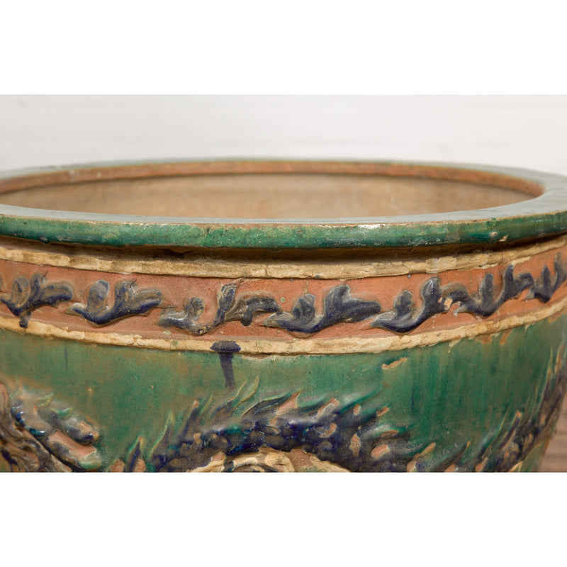 Antique Annamese Green, Blue and Ocher Planter with Dragon and Foliage Motifs-YN7768-9. Asian & Chinese Furniture, Art, Antiques, Vintage Home Décor for sale at FEA Home