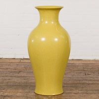 Chinese Vintage Altar Vase with Yellow Crackle Finish and Flaring Neck