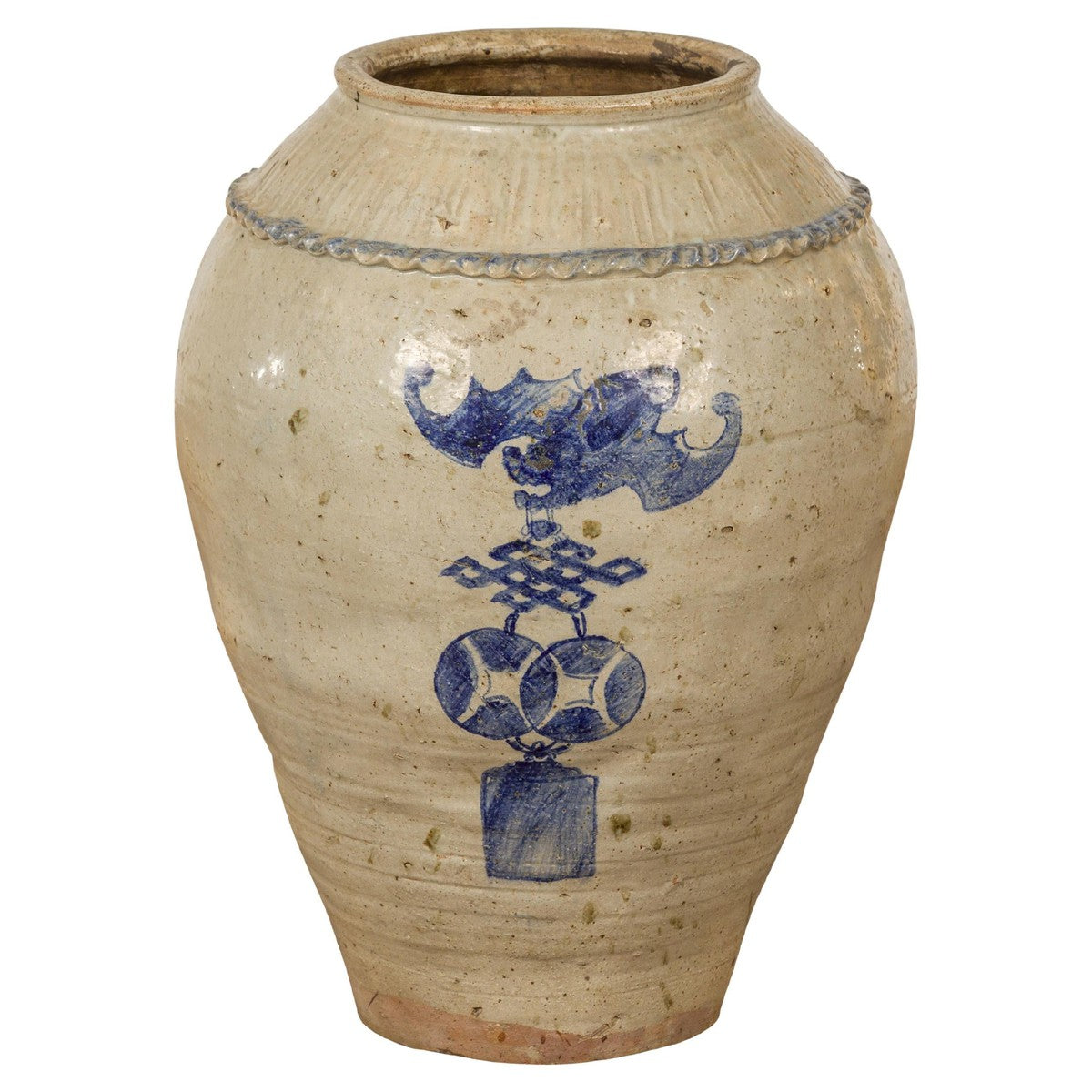 Antique Chinese Glazed Ceramic Storage Jar with Blue Painted Motifs-1. Asian & Chinese Furniture, Art, Antiques, Vintage Home Décor for sale at FEA Home