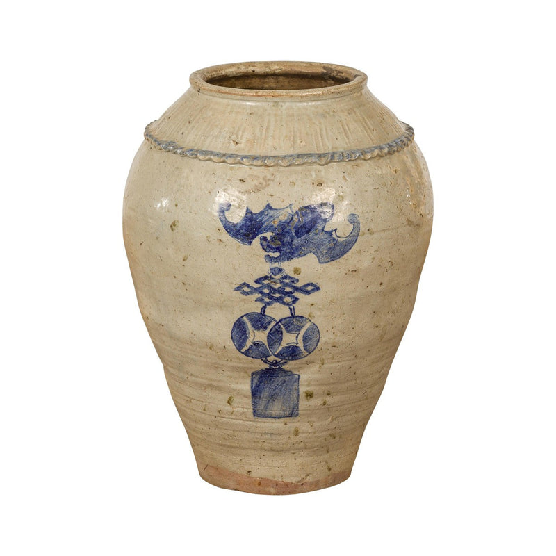 Antique Chinese Glazed Ceramic Storage Jar with Blue Painted Motifs-YN7776-16. Asian & Chinese Furniture, Art, Antiques, Vintage Home Décor for sale at FEA Home