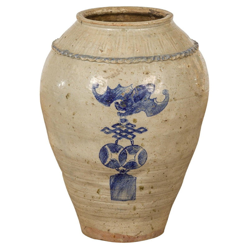 Antique Chinese Glazed Ceramic Storage Jar with Blue Painted Motifs-YN7776-1. Asian & Chinese Furniture, Art, Antiques, Vintage Home Décor for sale at FEA Home