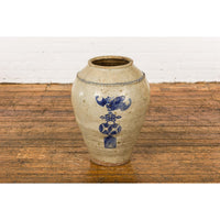 Antique Chinese Glazed Ceramic Storage Jar with Blue Painted Motifs