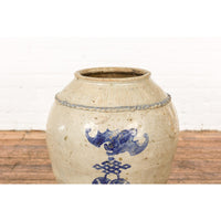 Antique Chinese Glazed Ceramic Storage Jar with Blue Painted Motifs