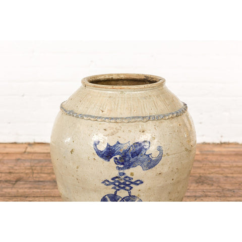 Antique Chinese Glazed Ceramic Storage Jar with Blue Painted Motifs-YN7776-5. Asian & Chinese Furniture, Art, Antiques, Vintage Home Décor for sale at FEA Home