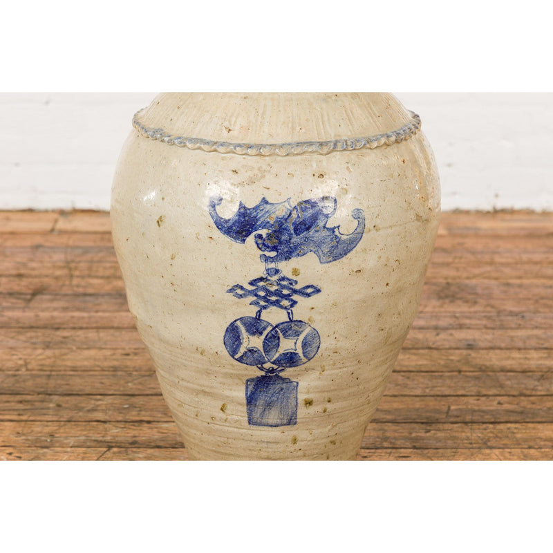 Antique Chinese Glazed Ceramic Storage Jar with Blue Painted Motifs-YN7776-6. Asian & Chinese Furniture, Art, Antiques, Vintage Home Décor for sale at FEA Home