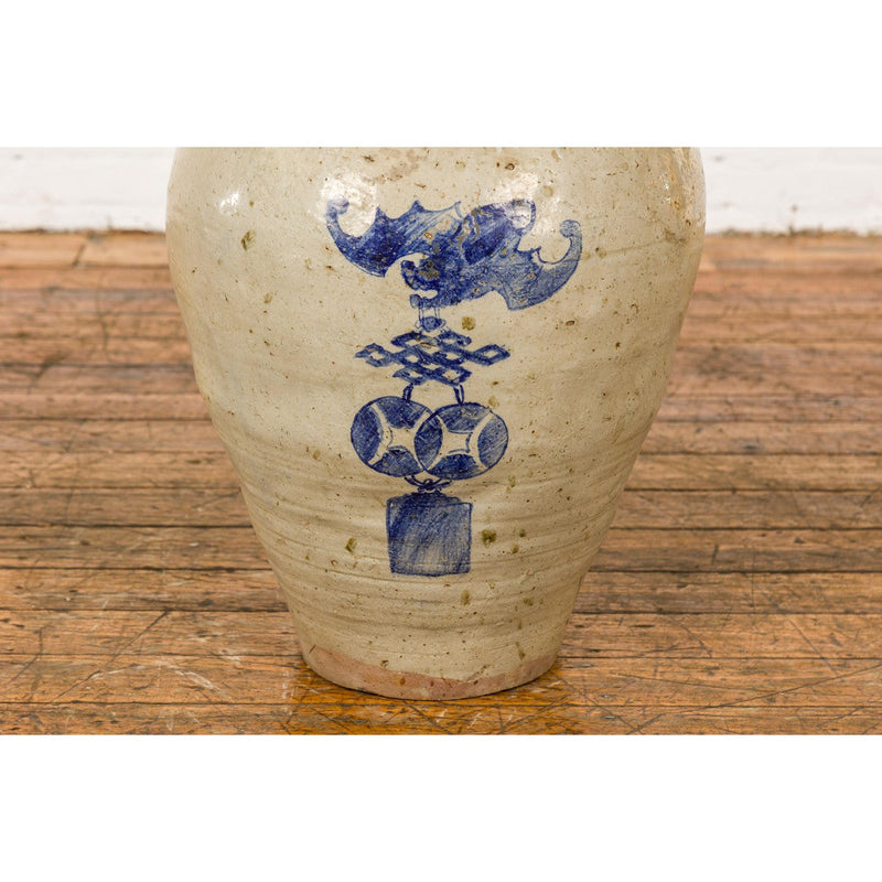 Antique Chinese Glazed Ceramic Storage Jar with Blue Painted Motifs-YN7776-7. Asian & Chinese Furniture, Art, Antiques, Vintage Home Décor for sale at FEA Home