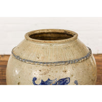 Antique Chinese Glazed Ceramic Storage Jar with Blue Painted Motifs