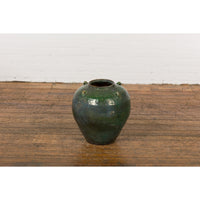 Small Dark Green Antique Glazed Ceramic Jar