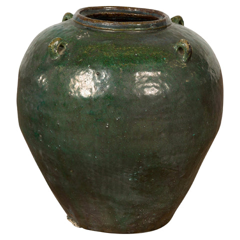 Small Dark Green Antique Glazed Ceramic Jar