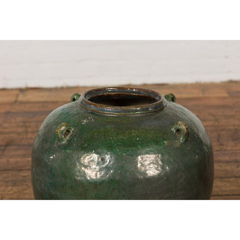 Small Dark Green Antique Glazed Ceramic Jar