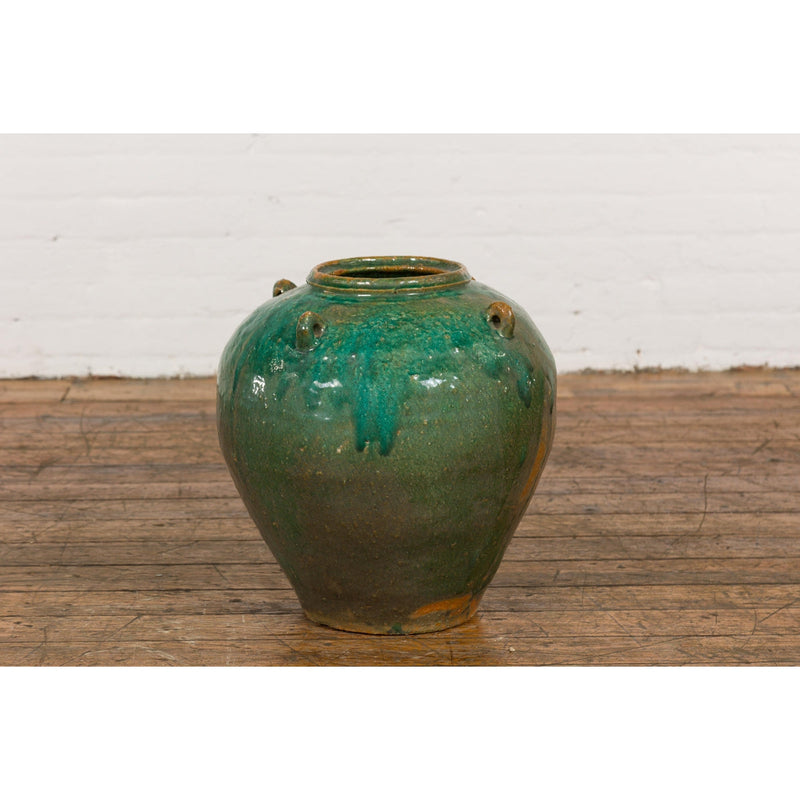 Orange & Brown Antique Jar with Green Drips-YN7779-14. Asian & Chinese Furniture, Art, Antiques, Vintage Home Décor for sale at FEA Home