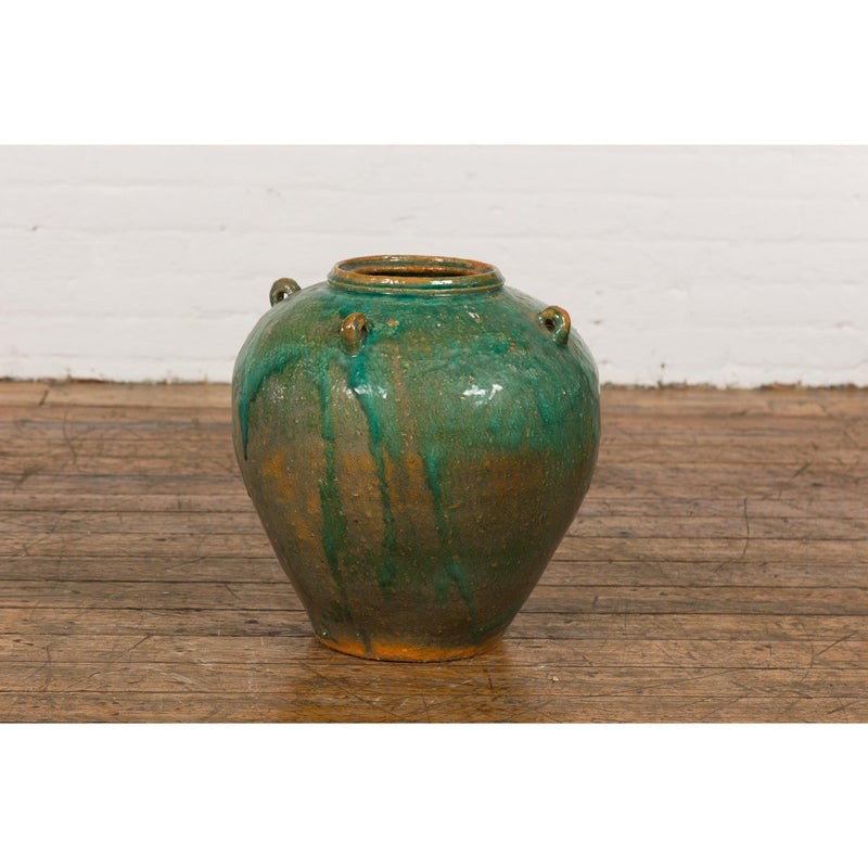 Orange & Brown Antique Jar with Green Drips-YN7779-16. Asian & Chinese Furniture, Art, Antiques, Vintage Home Décor for sale at FEA Home