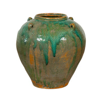 Orange & Brown Antique Jar with Green Drips