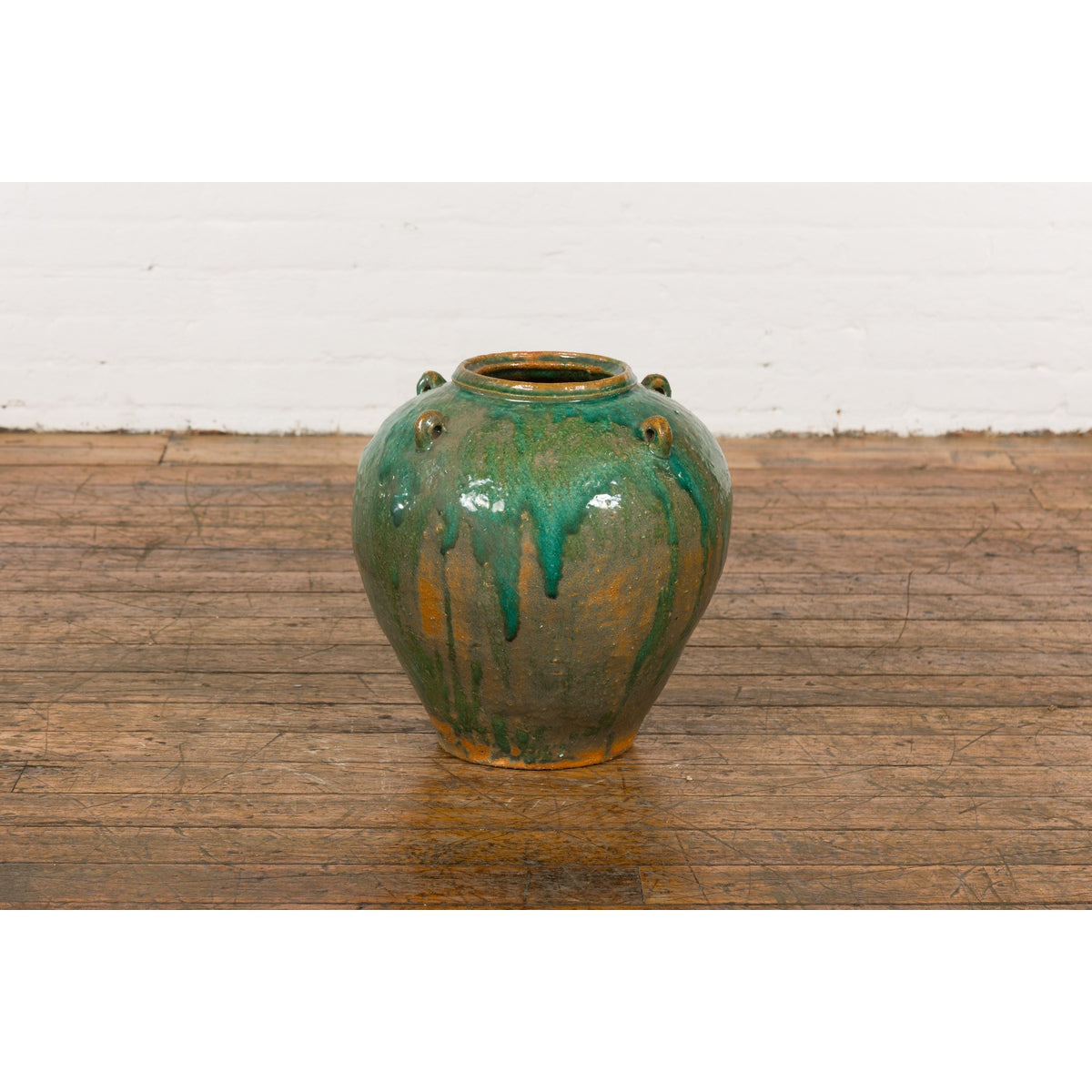 Orange &amp; Brown Antique Jar with Green Drips-4. Asian &amp; Chinese Furniture, Art, Antiques, Vintage Home Décor for sale at FEA Home