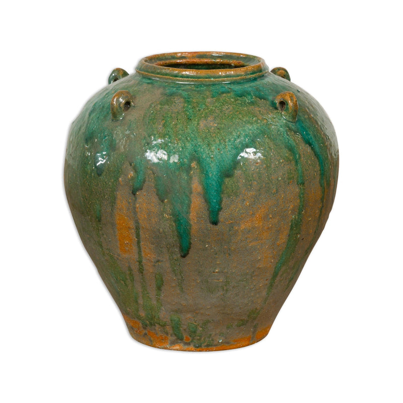 Orange & Brown Antique Jar with Green Drips-YN7779-6. Asian & Chinese Furniture, Art, Antiques, Vintage Home Décor for sale at FEA Home