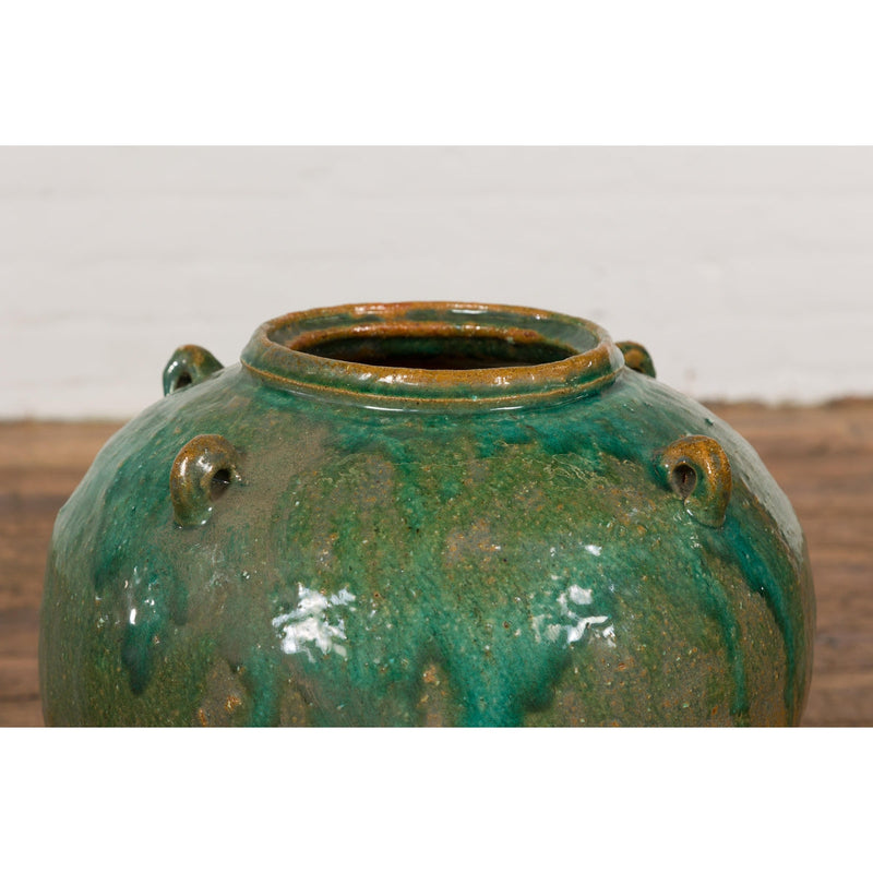 Orange & Brown Antique Jar with Green Drips-YN7779-8. Asian & Chinese Furniture, Art, Antiques, Vintage Home Décor for sale at FEA Home