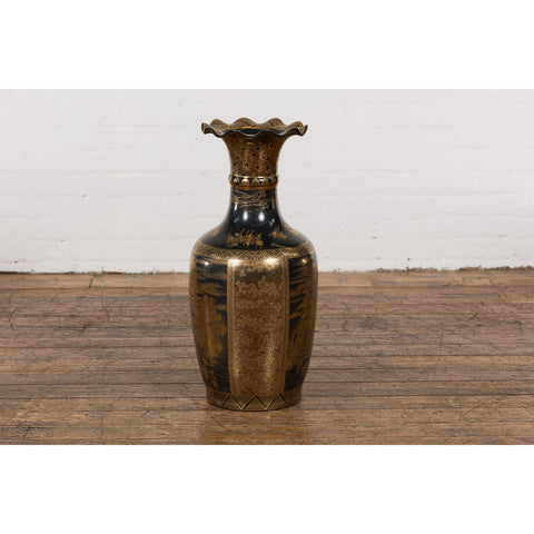 Black Lacquer and Gold Leaf Underlay Chinese Altar Vase with Scalloped Top-YN7780-10. Asian & Chinese Furniture, Art, Antiques, Vintage Home Décor for sale at FEA Home