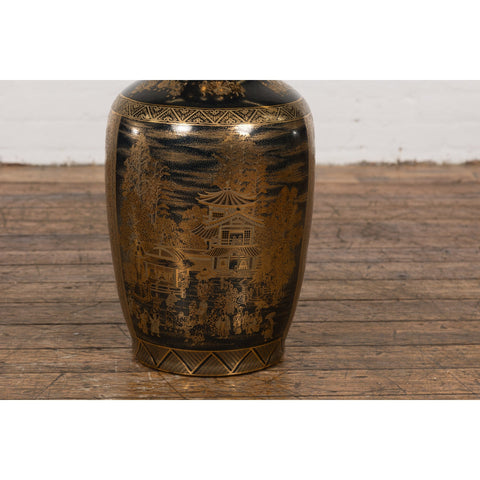 Black Lacquer and Gold Leaf Underlay Chinese Altar Vase with Scalloped Top-YN7780-11. Asian & Chinese Furniture, Art, Antiques, Vintage Home Décor for sale at FEA Home