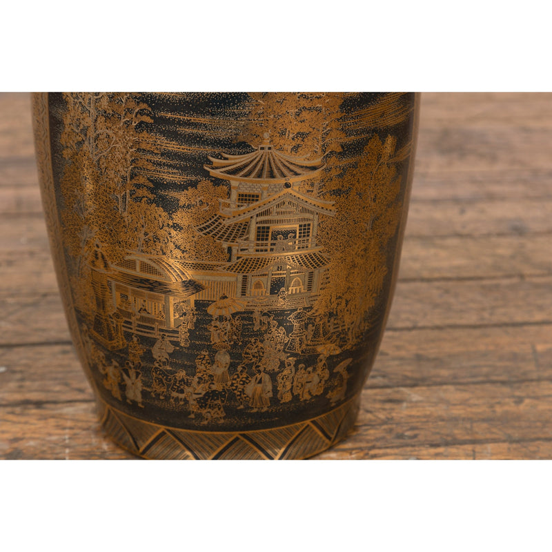 Black Lacquer and Gold Leaf Underlay Chinese Altar Vase with Scalloped Top-YN7780-12. Asian & Chinese Furniture, Art, Antiques, Vintage Home Décor for sale at FEA Home