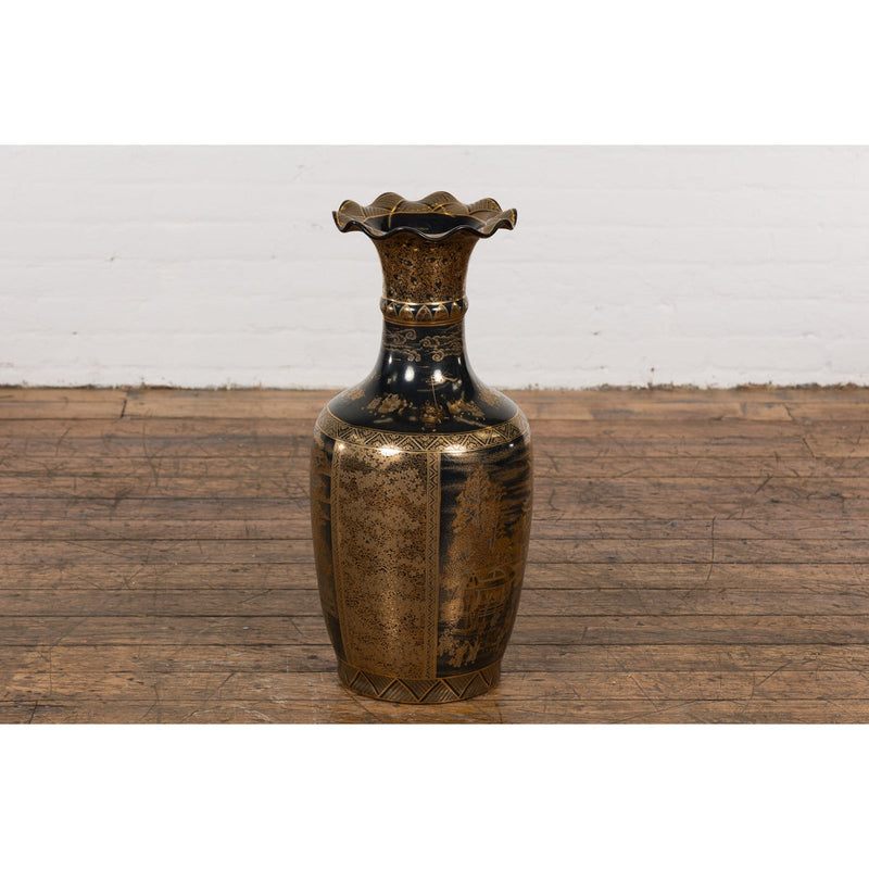 Black Lacquer and Gold Leaf Underlay Chinese Altar Vase with Scalloped Top-YN7780-14. Asian & Chinese Furniture, Art, Antiques, Vintage Home Décor for sale at FEA Home